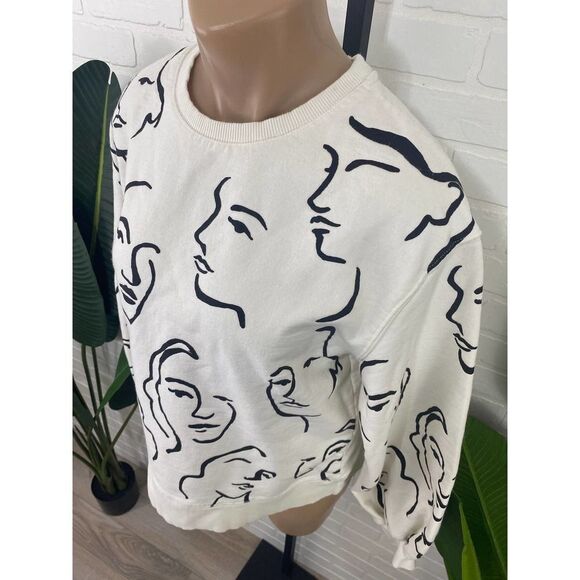 Zara white printed black drawn faces crewneck sweatshirt - Picture 2 of 7